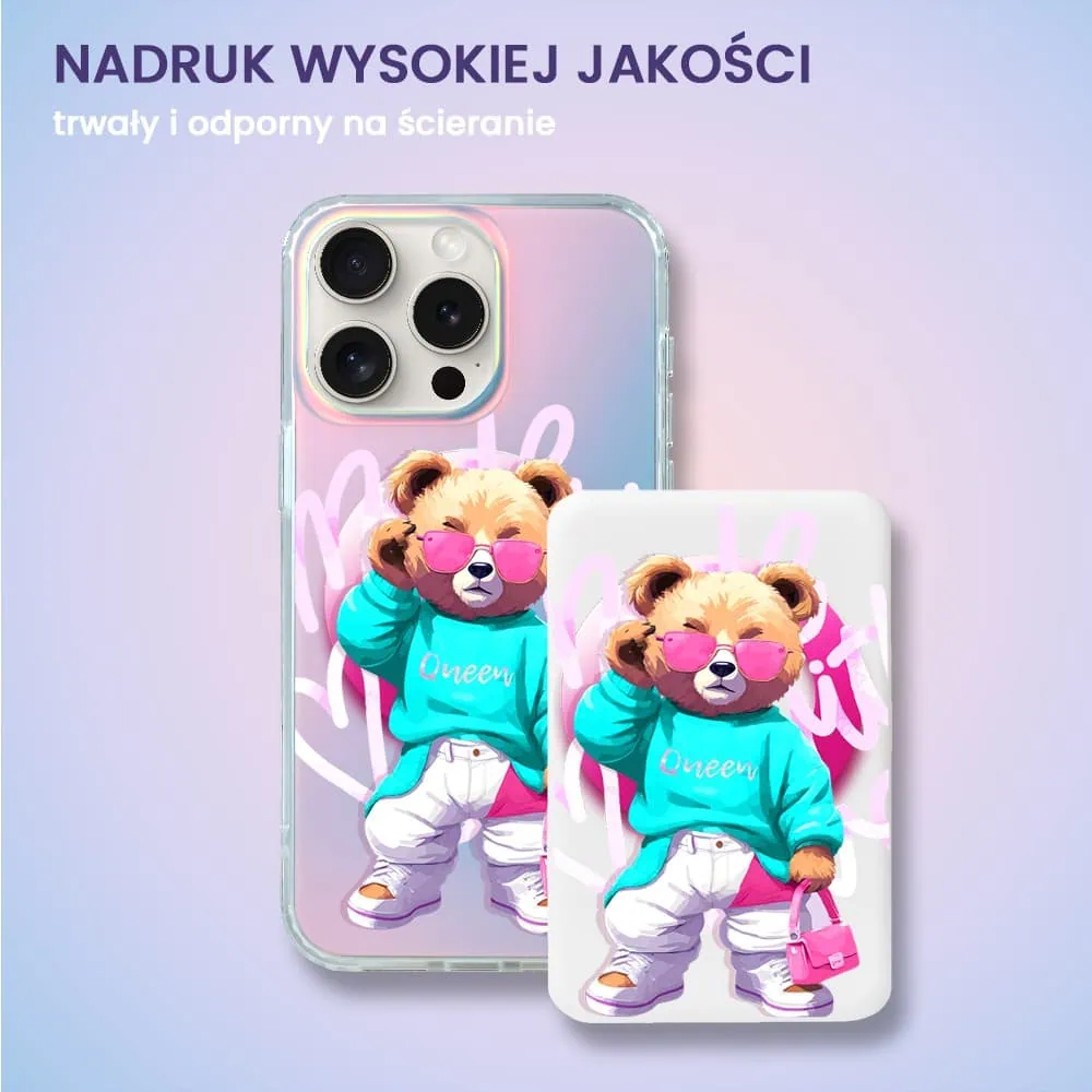 Power bank 10 000 mAh do iPhone, ładowanie bezprzewodowe MagSafe, Pink Queen, stylowy miś, biały
