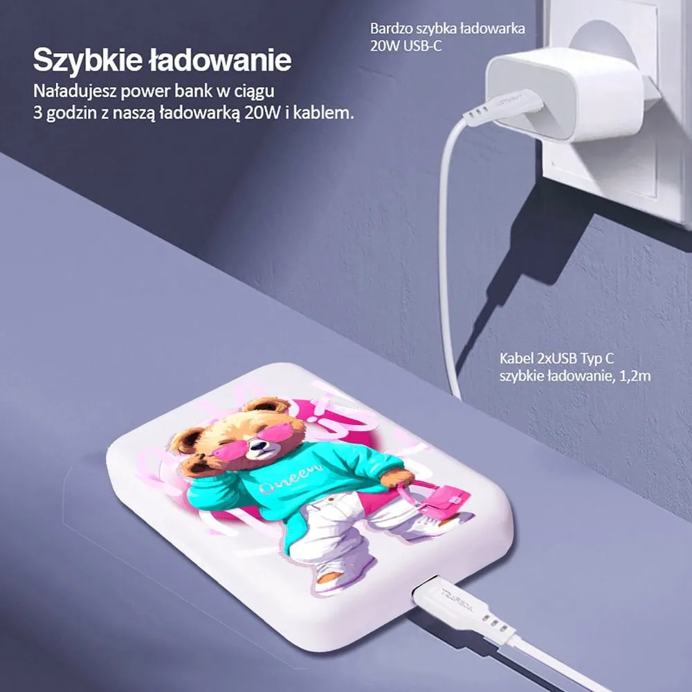 Power bank 10 000 mAh do iPhone, ładowanie bezprzewodowe MagSafe, Pink Queen, stylowy miś, biały