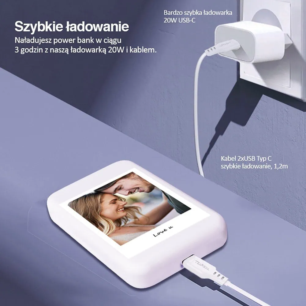 Power bank 10 000 mAh do iPhone, ładowanie bezprzewodowe MagSafe, Polaroid z własnym zdjęciem, biały