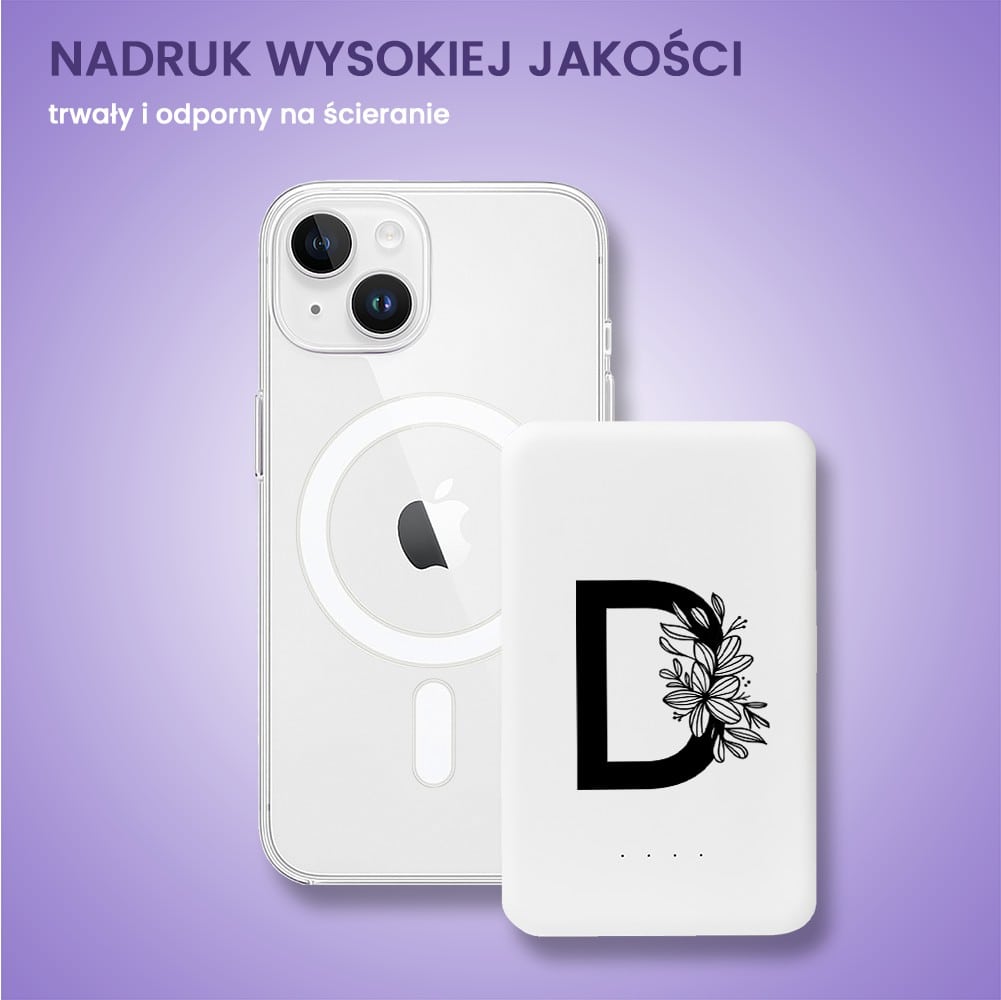 Power bank Magsafe 5000mAh ładowanie bezprzewodowe iPhone 16/15/14/13/12, czarna litera z kwiatem, biały