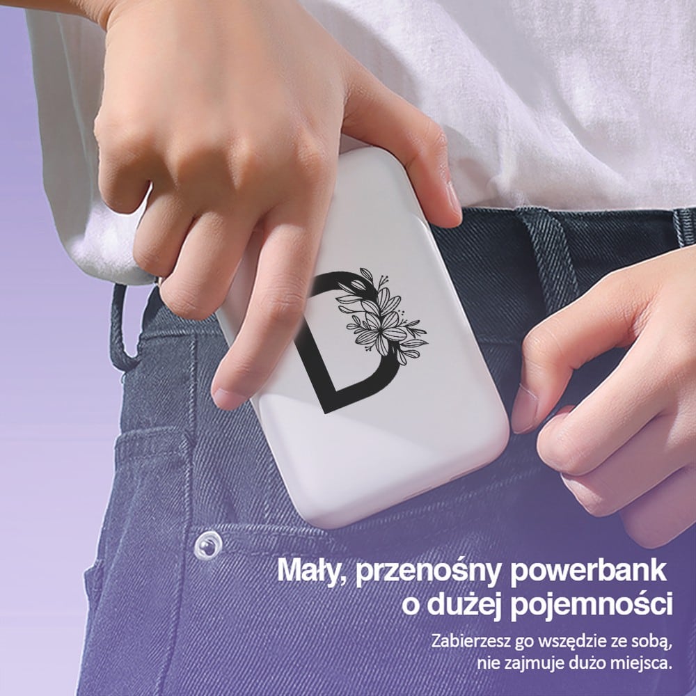 Power bank Magsafe 5000mAh ładowanie bezprzewodowe iPhone 16/15/14/13/12, czarna litera z kwiatem, biały