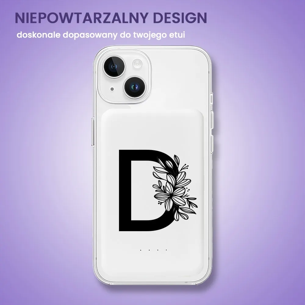 Power bank Magsafe 5000mAh ładowanie bezprzewodowe iPhone 16/15/14/13/12, czarna litera z kwiatem, biały