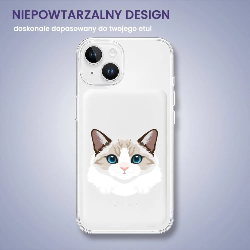 Power bank Magsafe 5000mAh ładowanie bezprzewodowe iPhone 16/15/14/13/12, kot birmański, biały