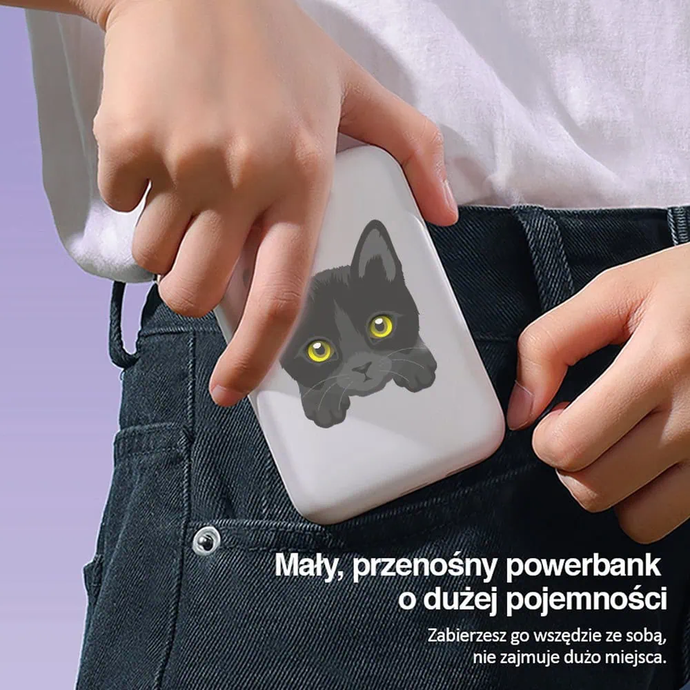 Power bank Magsafe 5000mAh ładowanie bezprzewodowe iPhone 16/15/14/13/12, kot bombajski, biały