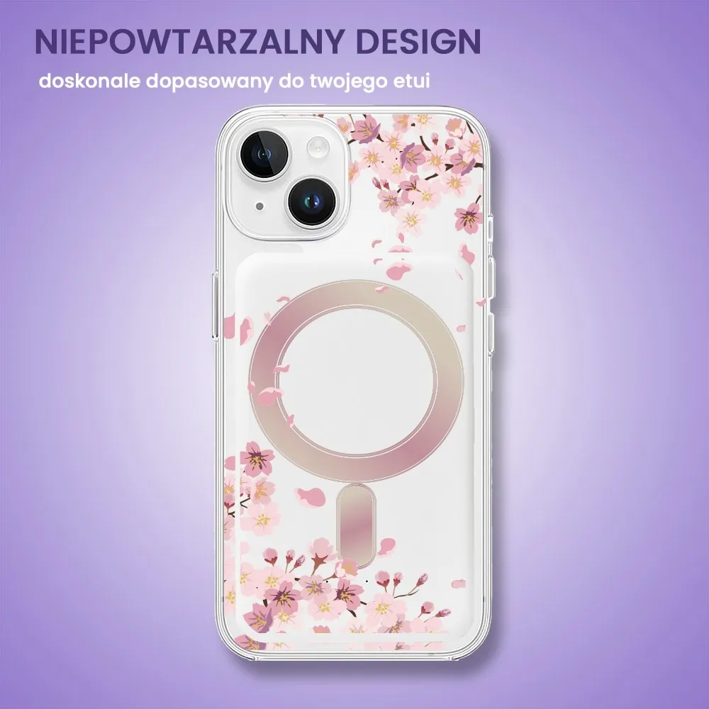 Power bank Magsafe 5000mAh ładowanie bezprzewodowe iPhone 16/15/14/13/12, wzór kwiat wiśni, biały