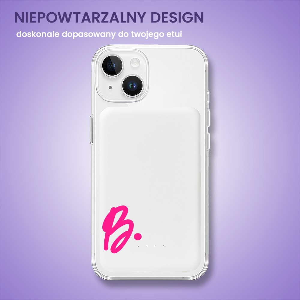 Power bank Magsafe 5000mAh ładowanie bezprzewodowe iPhone 16/15/14/13/12, wzór ręczna czcionka z literką, biały