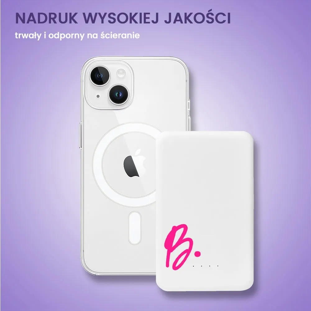 Power bank Magsafe 5000mAh ładowanie bezprzewodowe iPhone 16/15/14/13/12, wzór ręczna czcionka z literką, biały