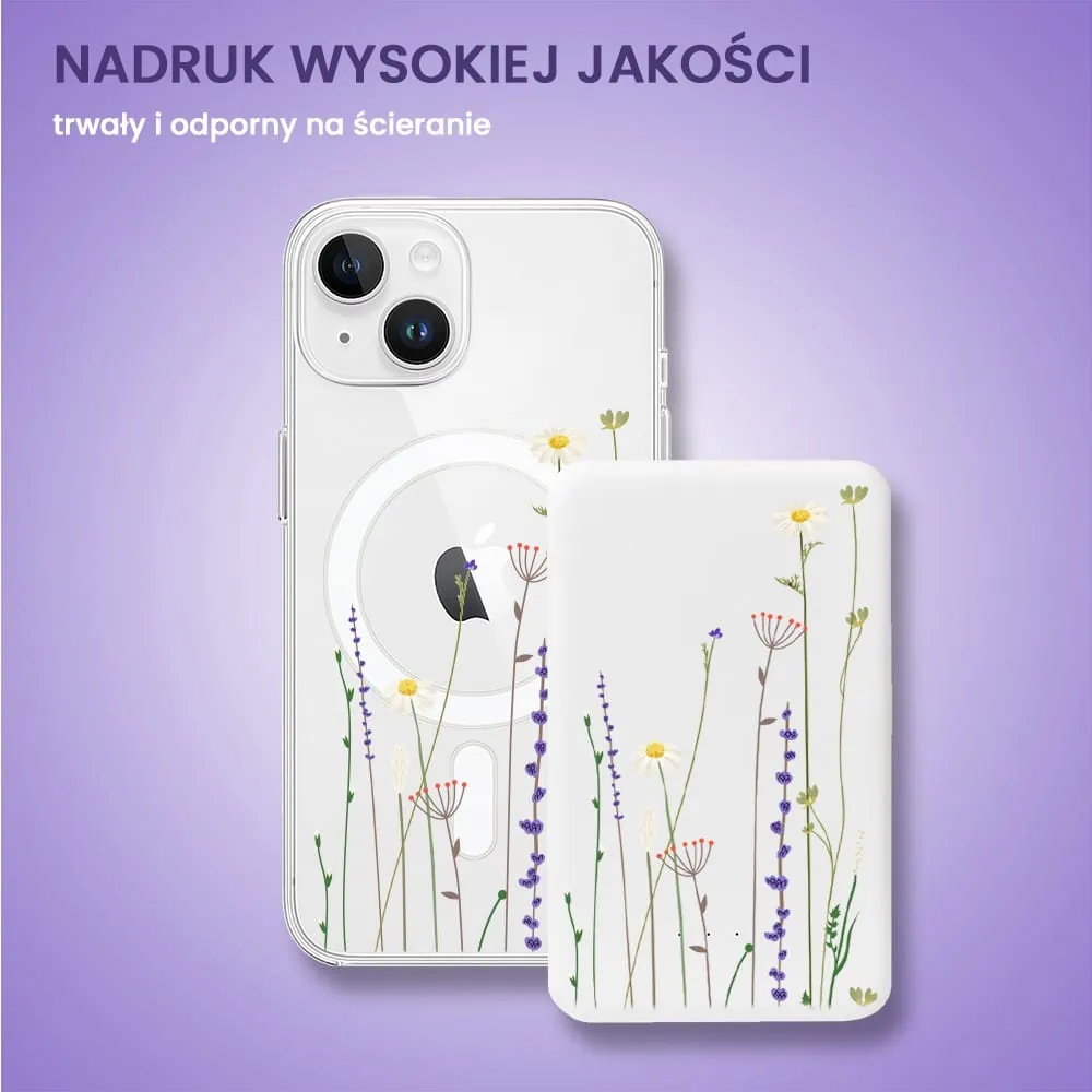 Power bank Magsafe 5000mAh ładowanie bezprzewodowe iPhone 16/15/14/13/12, wzór wiosenne kwiaty, biały