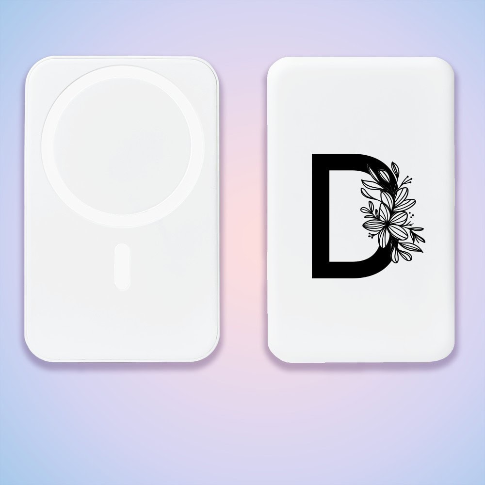 Power bank Magsafe 5000mAh ładowanie bezprzewodowe iPhone 16/15/14/13/12, czarna litera z kwiatem, biały