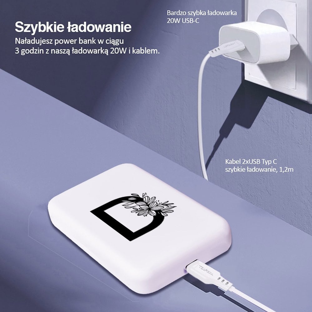 Power bank Magsafe 5000mAh ładowanie bezprzewodowe iPhone 16/15/14/13/12, czarna litera z kwiatem, biały