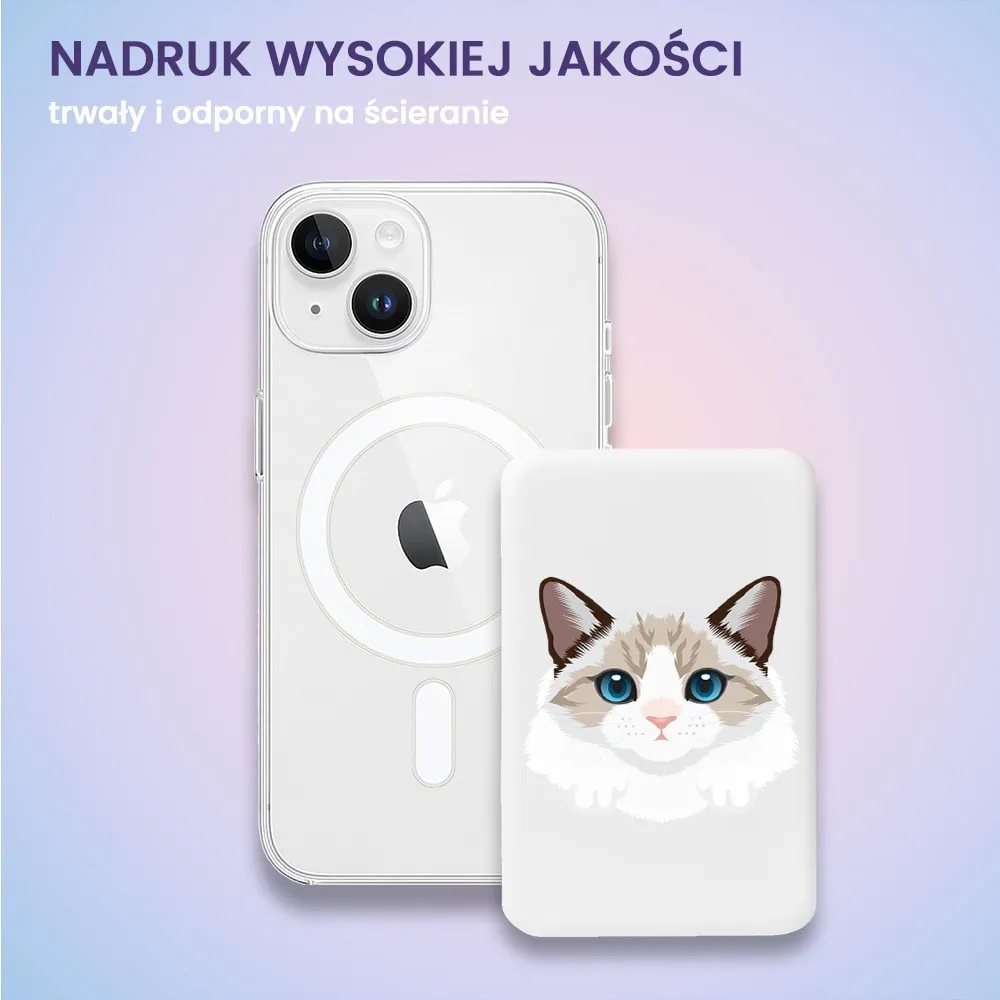 Power bank Magsafe 5000mAh ładowanie bezprzewodowe iPhone 16/15/14/13/12, kot birmański, biały