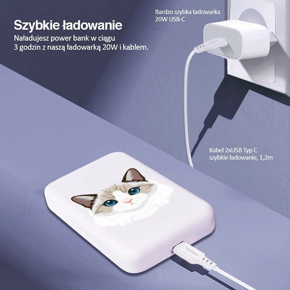 Power bank Magsafe 5000mAh ładowanie bezprzewodowe iPhone 16/15/14/13/12, kot birmański, biały