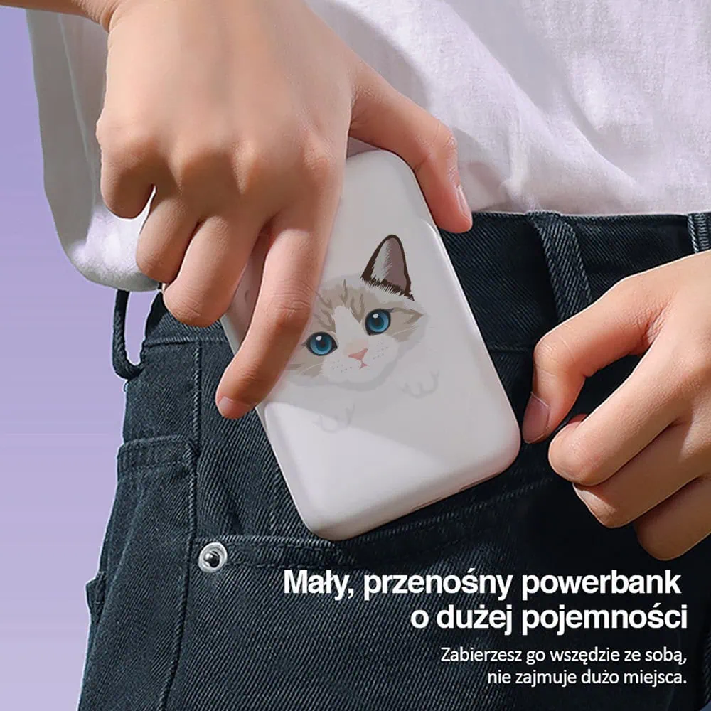 Power bank Magsafe 5000mAh ładowanie bezprzewodowe iPhone 16/15/14/13/12, kot birmański, biały