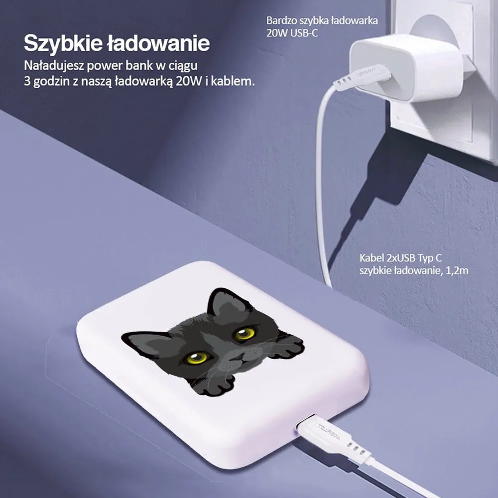 Power bank Magsafe 5000mAh ładowanie bezprzewodowe iPhone 16/15/14/13/12, kot bombajski, biały
