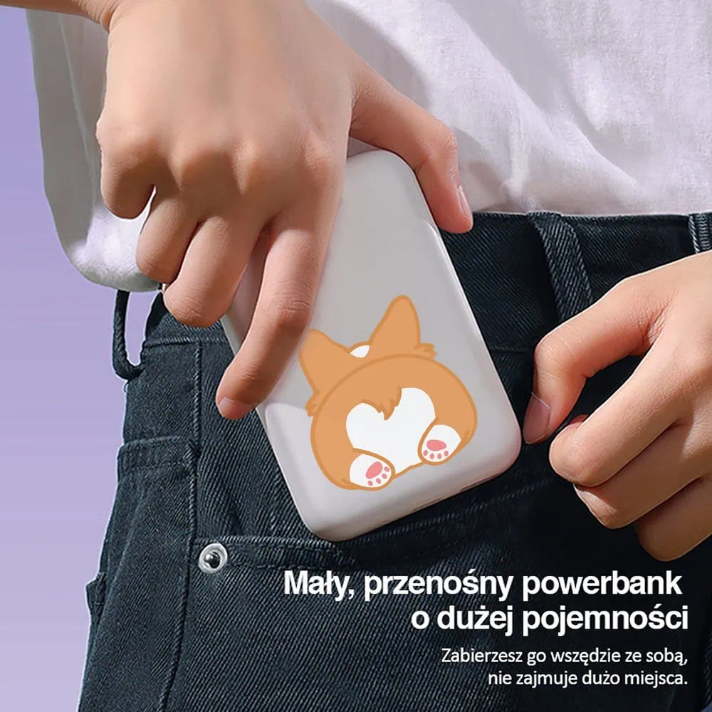 Power bank Magsafe 5000mAh ładowanie bezprzewodowe iPhone 16/15/14/13/12, pies corgi, biały