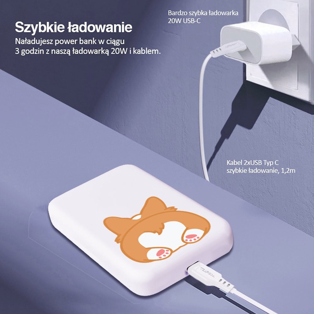 Power bank Magsafe 5000mAh ładowanie bezprzewodowe iPhone 16/15/14/13/12, pies corgi, biały