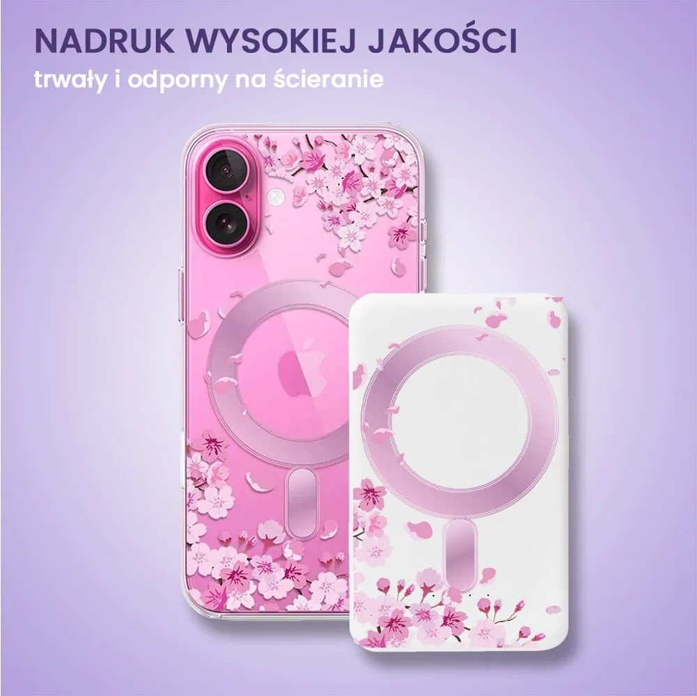 Power bank Magsafe 5000mAh ładowanie bezprzewodowe iPhone 16/15/14/13/12, wzór kwiat wiśni, biały