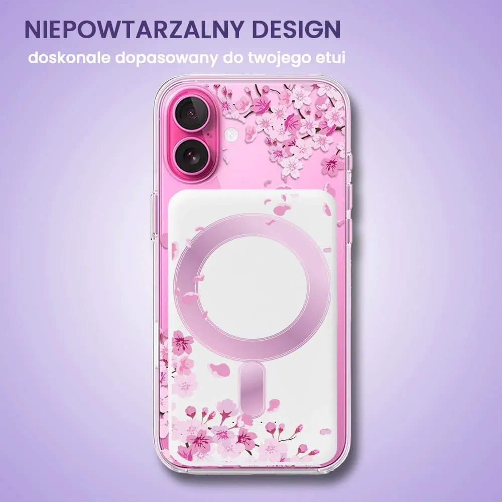 Power bank Magsafe 5000mAh ładowanie bezprzewodowe iPhone 16/15/14/13/12, wzór kwiat wiśni, biały