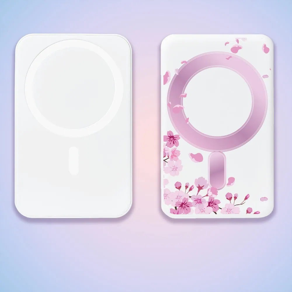 Power bank Magsafe 5000mAh ładowanie bezprzewodowe iPhone 16/15/14/13/12, wzór kwiat wiśni, biały