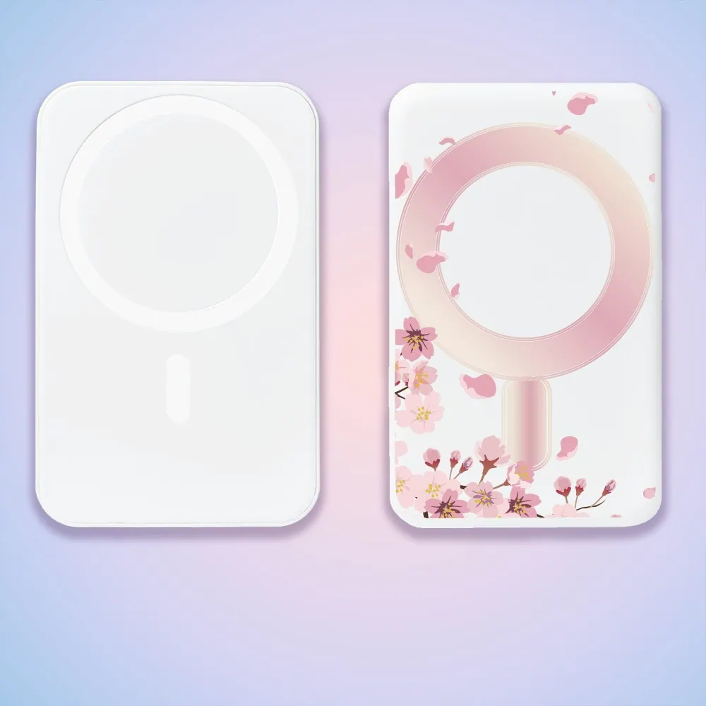 power bank magsafe 5000mah ładowanie bezprzewodowe iphone 15/14/13/12, wzór kwiat wiśni, biały