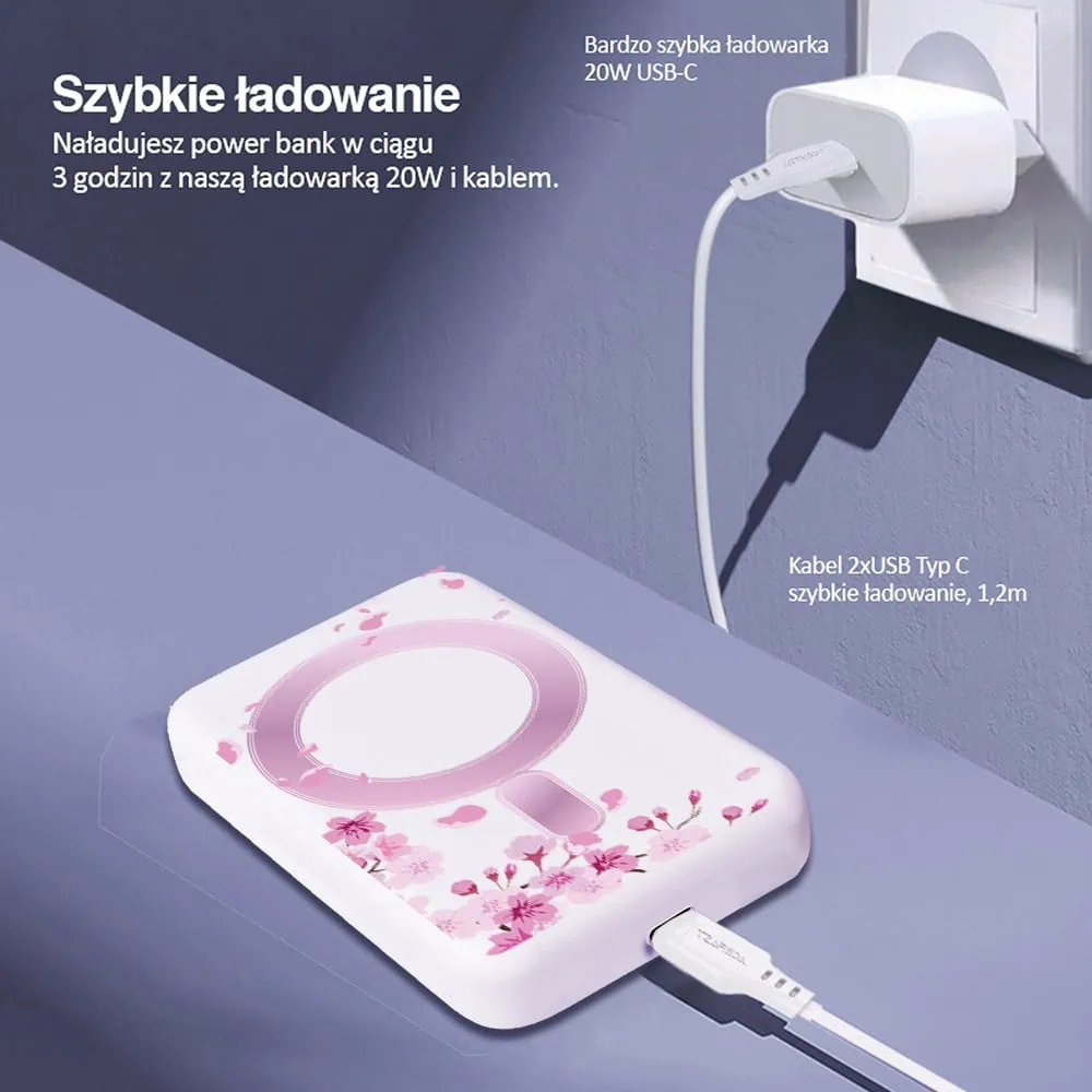 Power bank Magsafe 5000mAh ładowanie bezprzewodowe iPhone 16/15/14/13/12, wzór kwiat wiśni, biały