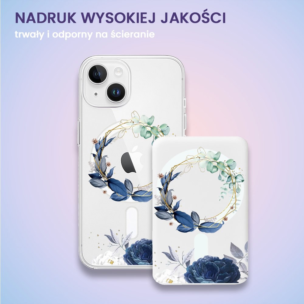 Power bank Magsafe 5000mAh ładowanie bezprzewodowe iPhone 16/15/14/13/12, wzór kwiaty z Magsafe, biały