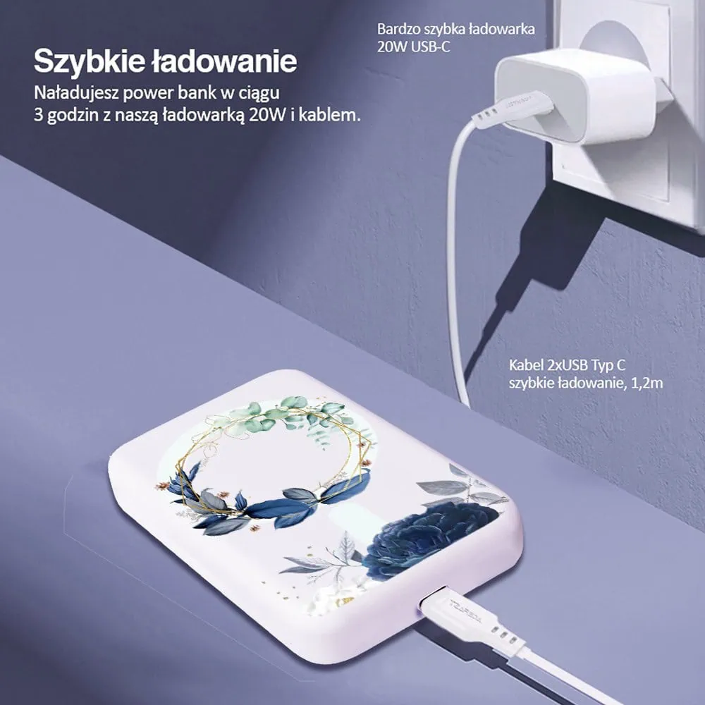 Power bank Magsafe 5000mAh ładowanie bezprzewodowe iPhone 16/15/14/13/12, wzór kwiaty z Magsafe, biały