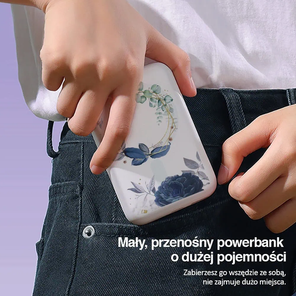 Power bank Magsafe 5000mAh ładowanie bezprzewodowe iPhone 16/15/14/13/12, wzór kwiaty z Magsafe, biały