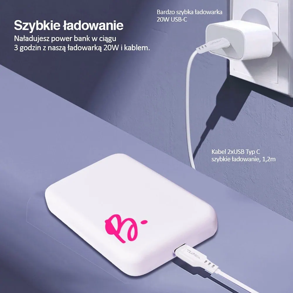 Power bank Magsafe 5000mAh ładowanie bezprzewodowe iPhone 16/15/14/13/12, wzór ręczna czcionka z literką, biały