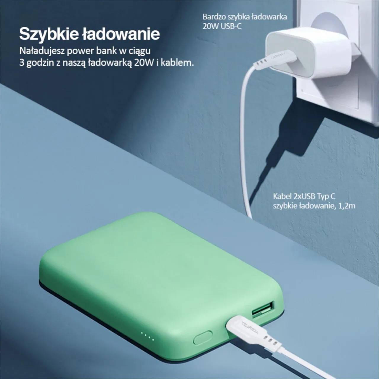 Power bank akumulator MagSafe 10000mAh, bezprzewodowe ładowanie, jasno zielony