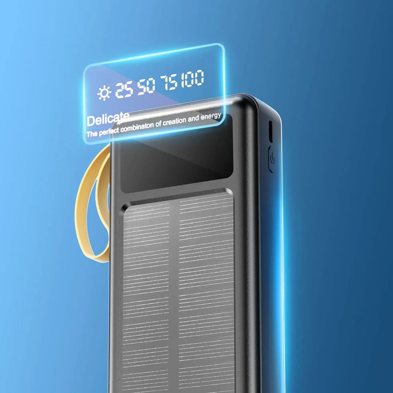 Power bank solarny 20000 mAh 4w1 (Lightning, USB Typ C, USB, micro USB), wyświetlacz LED, czarny