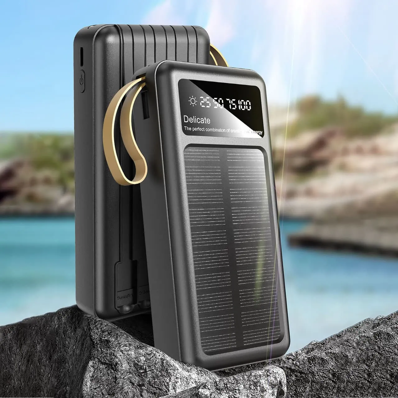 Power bank solarny 20000 mAh 4w1 (Lightning, USB Typ C, USB, micro USB), wyświetlacz LED, czarny