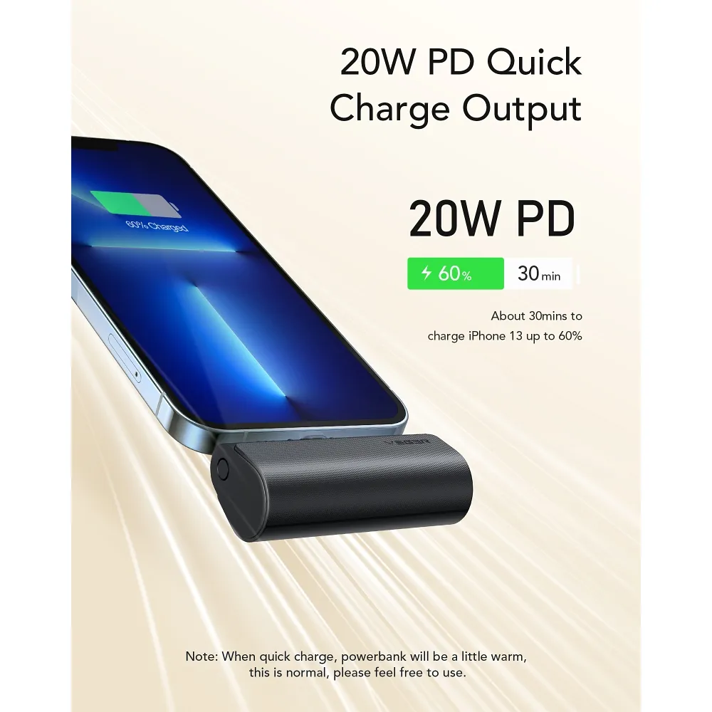Power bank 5000 mAh wpinany do iPhone Lightning, PD 20W, czarny