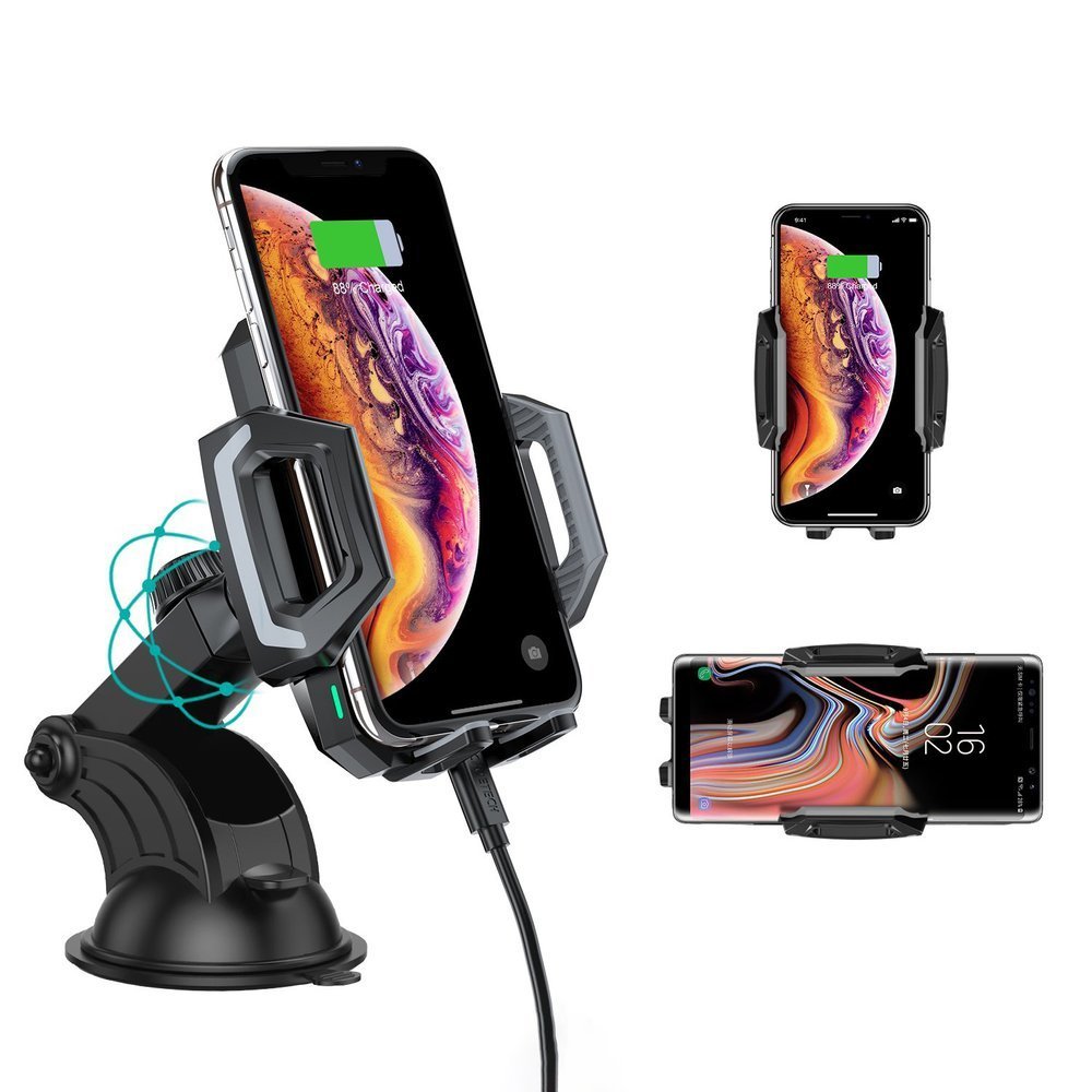 Uchwyt ładujący samochodowy, szybkie ładowanie, Qi 15W do mocowania na szybę i kokpit, czarny