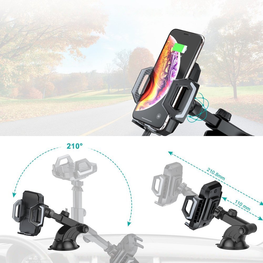 Uchwyt ładujący samochodowy, szybkie ładowanie, Qi 15W do mocowania na szybę i kokpit, czarny