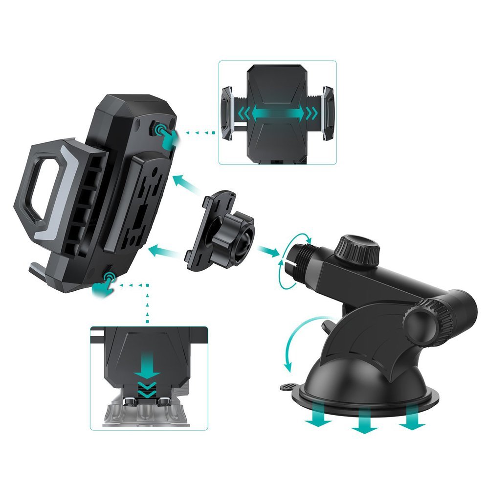 Uchwyt ładujący samochodowy, szybkie ładowanie, Qi 15W do mocowania na szybę i kokpit, czarny