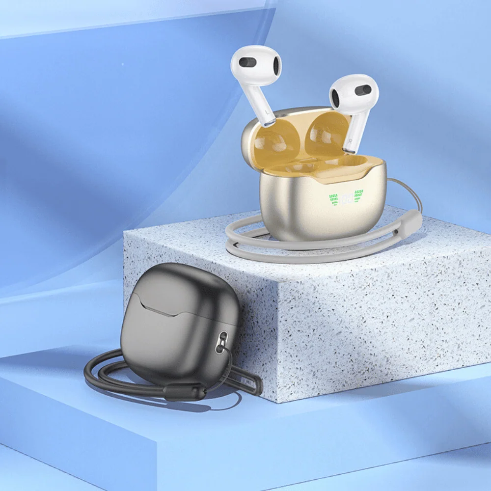 Słuchawki bezprzewodowe z Bluetooth i pudełkiem ładującym z wyświetlaczem, złote