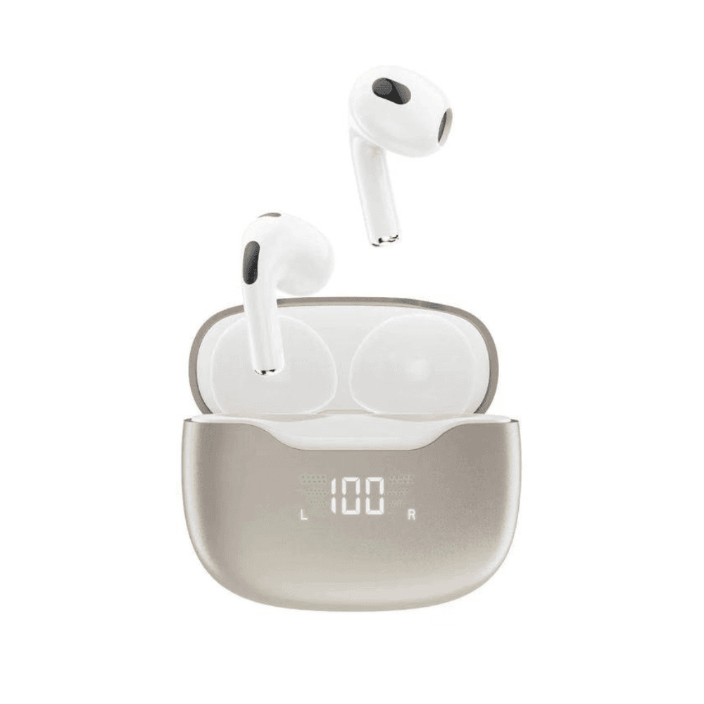 Słuchawki bezprzewodowe z Bluetooth i pudełkiem ładującym z wyświetlaczem, złote