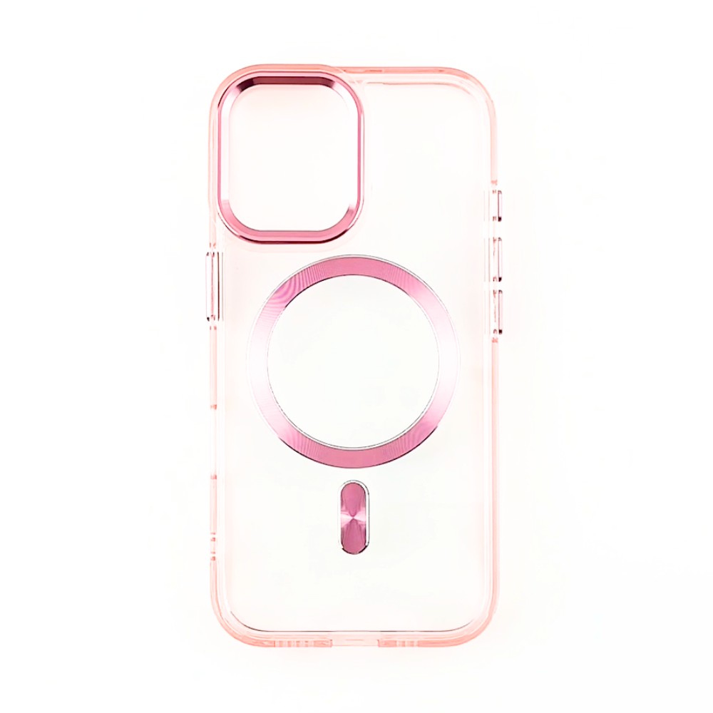 Etui do iPhone 15 Super Hybrid z MagSafe, twardy tył, metalowe ozdoby, różowe