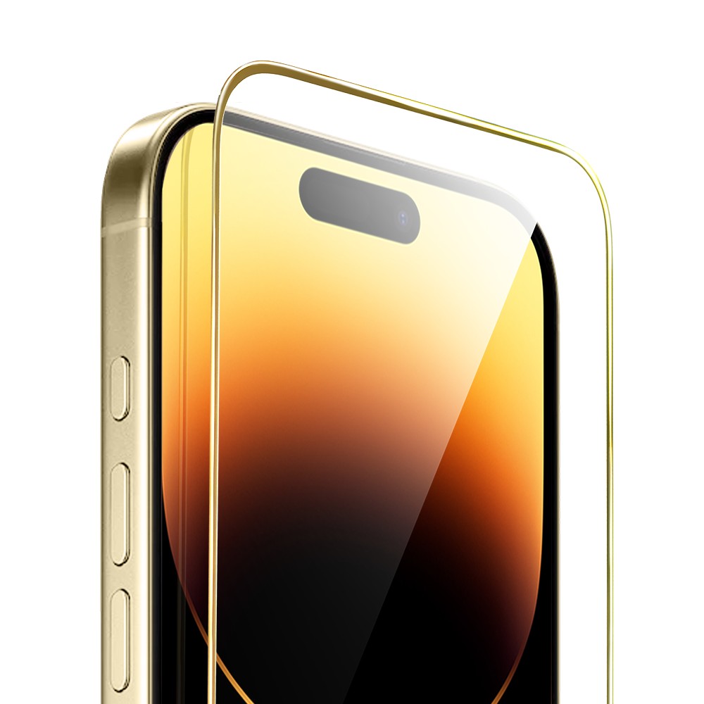 Szkło hartowane 9H do iPhone 14 Pro, twarde wzmocnione z metalizowaną złotą ramką