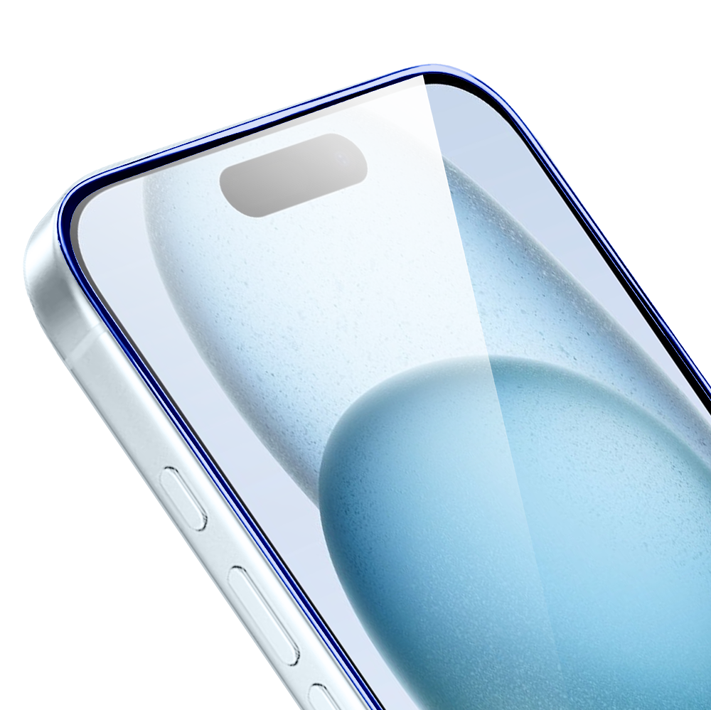 Szkło hartowane 9H do iPhone 15 Plus, twarde wzmocnione z metalizowaną niebieską ramką