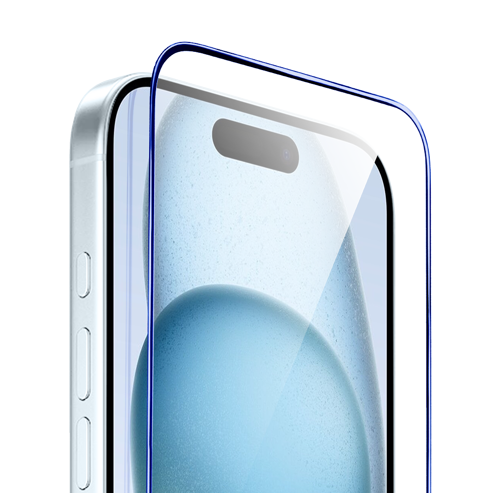 Szkło hartowane 9H do iPhone 15 Plus, twarde wzmocnione z metalizowaną niebieską ramką