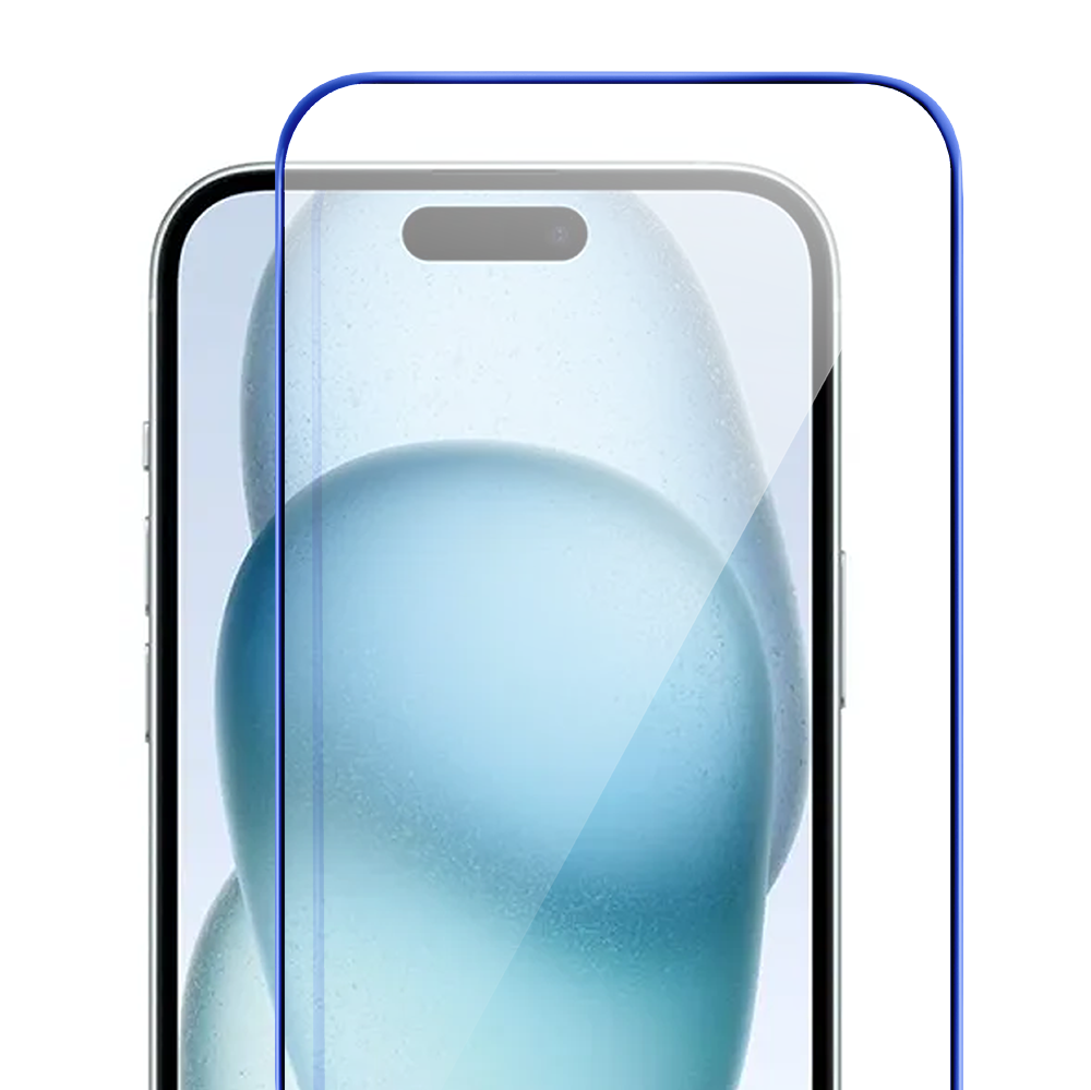 Szkło hartowane 9H do iPhone 15 Plus, twarde wzmocnione z metalizowaną niebieską ramką