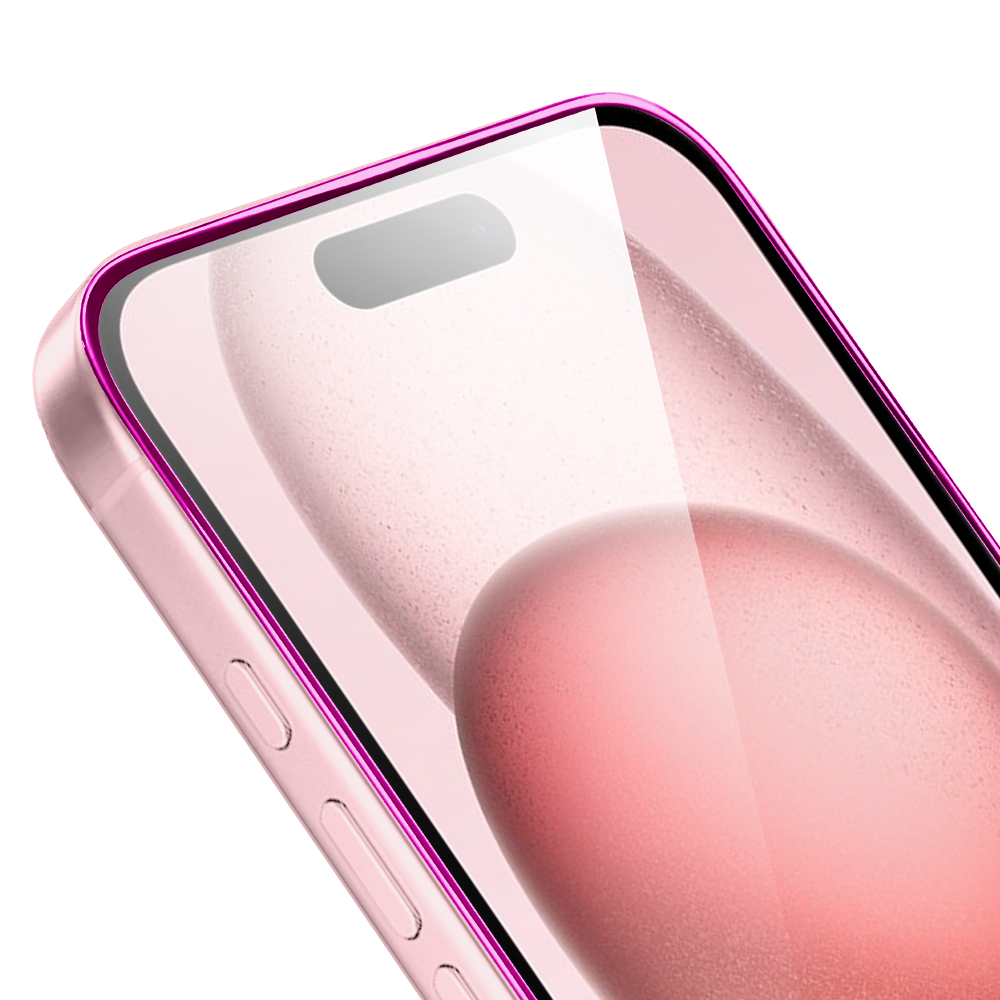 Szkło hartowane 9H do iPhone 15, twarde wzmocnione z metalizowaną różową ramką