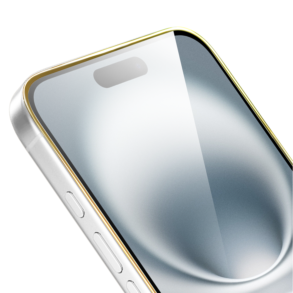Szkło hartowane 9H do iPhone 16 Plus, twarde wzmocnione z metalizowaną złotą ramką