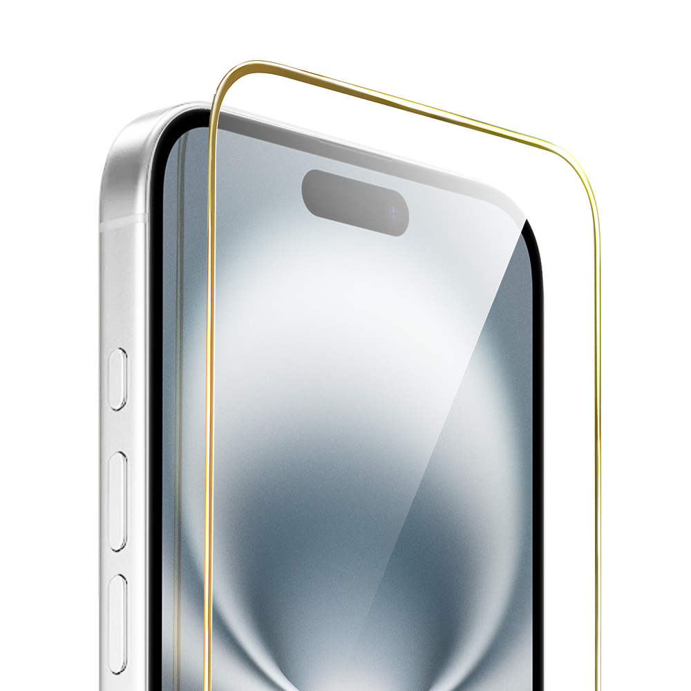 Szkło hartowane 9H do iPhone 16 Plus, twarde wzmocnione z metalizowaną złotą ramką