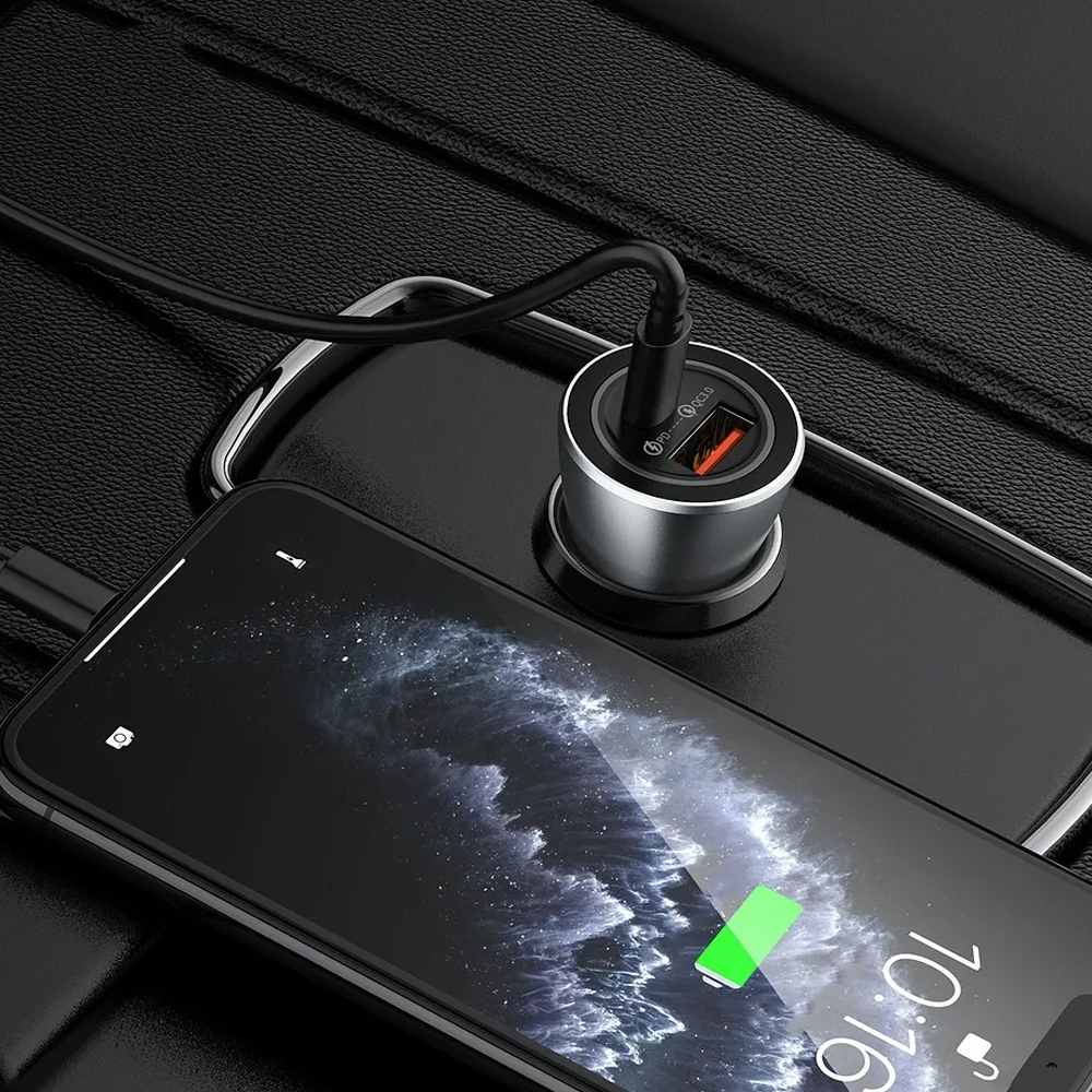 Ładowarka samochodowa 2w1 QC USB + USB Typ C szybkie ładowanie 38W, czarna