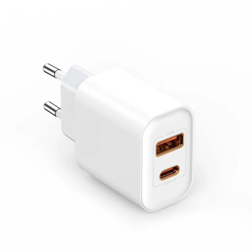 Szybka ładowarka dwa porty USB + USB-C PD 3A 20W, biała