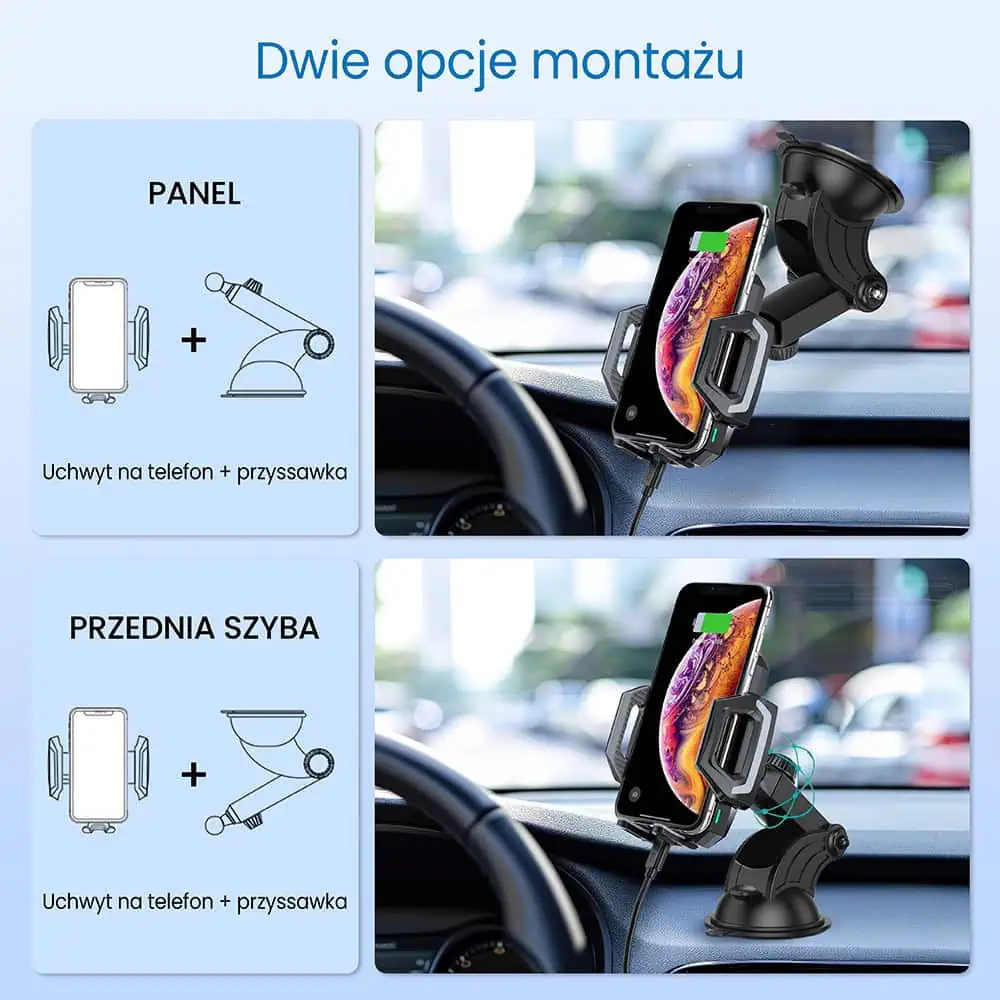 Uchwyt ładujący samochodowy, szybkie ładowanie, Qi 15W do mocowania na szybę i kokpit, czarny