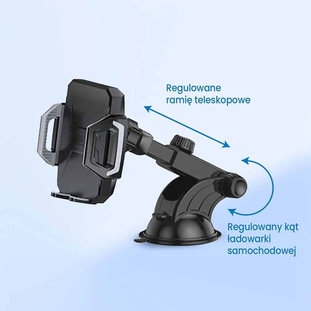 Uchwyt ładujący samochodowy, szybkie ładowanie, Qi 15W do mocowania na szybę i kokpit, czarny
